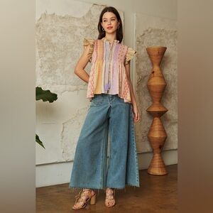 95B. Wallpaper Print Smocked Bodice Flutter Sleeve Top